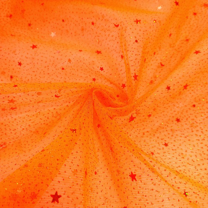TELA-TUL-ESCARCHADO-ESTRELLAS-COLOR-NARANJA-NEON