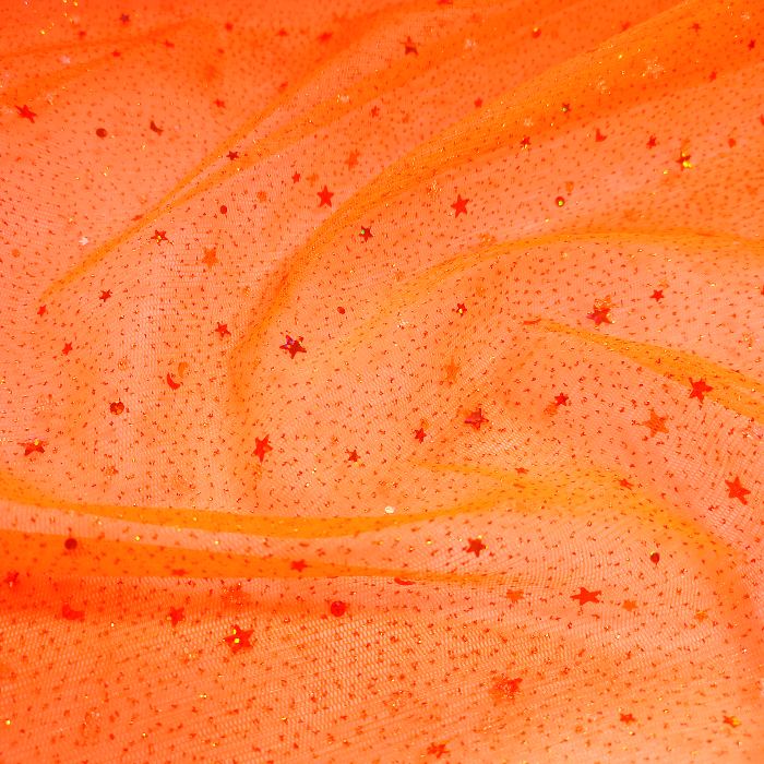 TELA-TUL-ESCARCHADO-ESTRELLAS-COLOR-NARANJA-NEON
